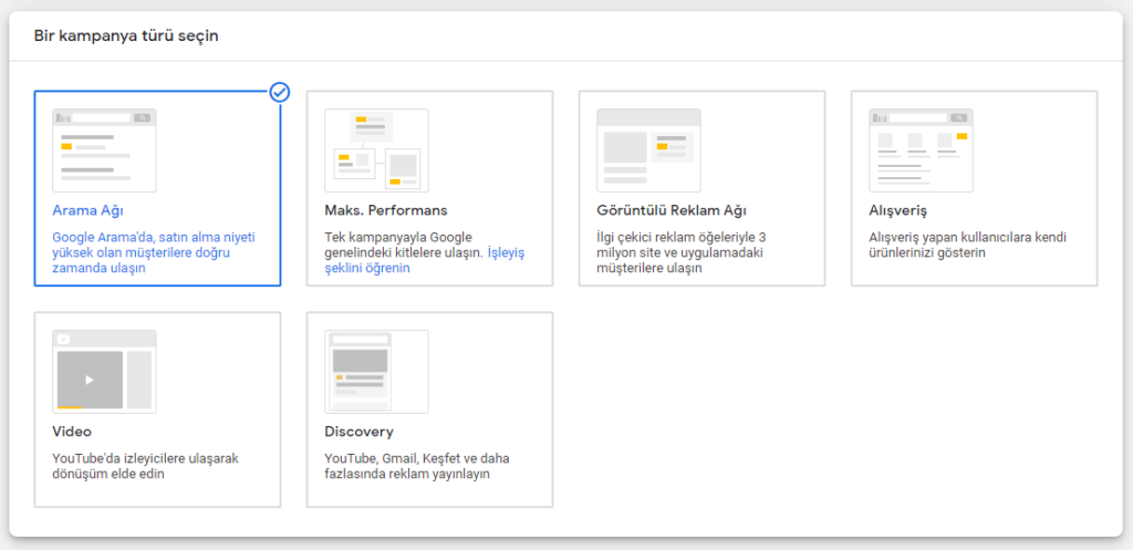 Google Ads Kampanya Türü Seçme