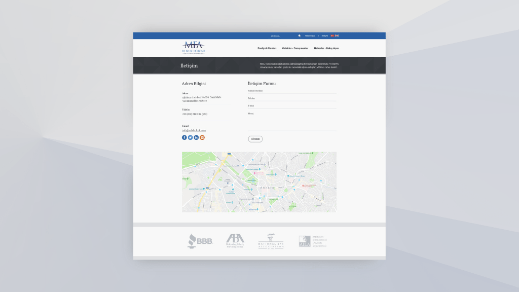 MFA Hukuk İletişim Sayfası Tasarımı