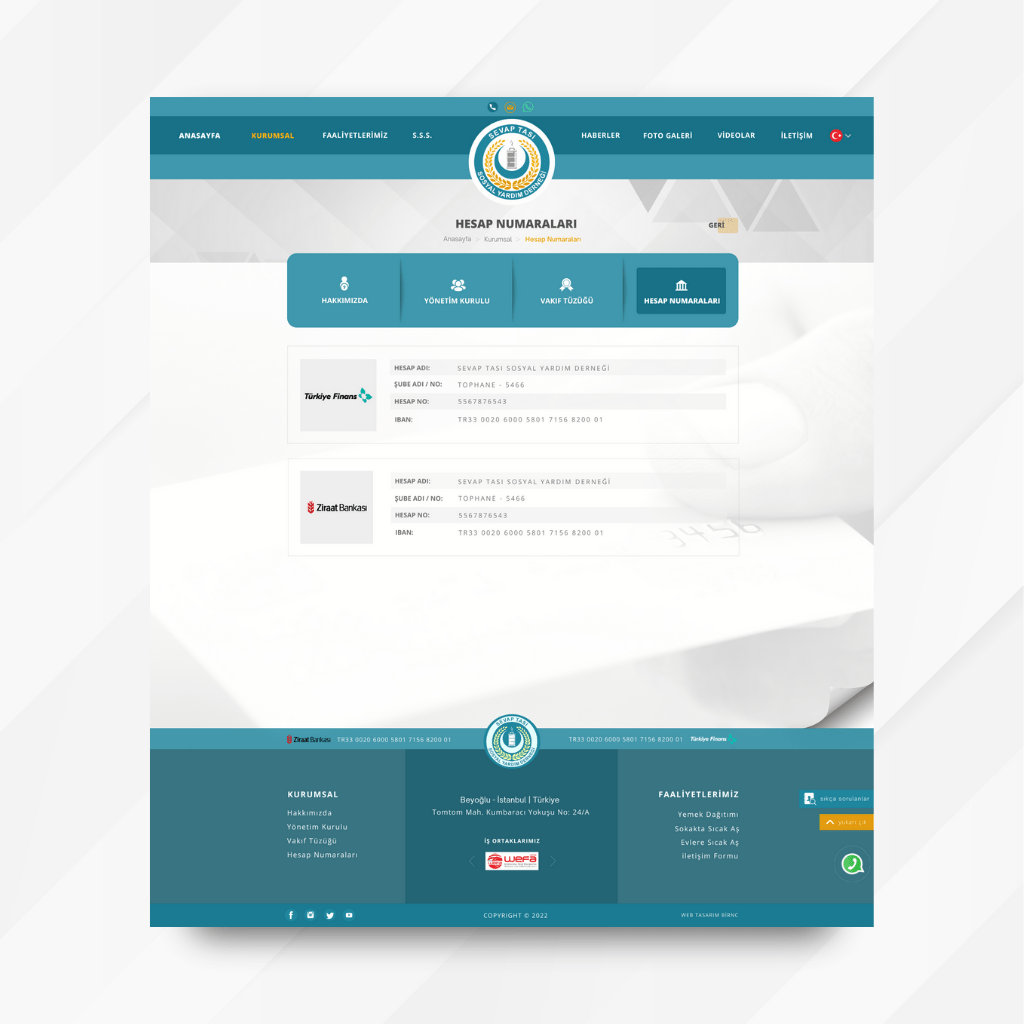 Sevap Tası Derneği Banka Bilgileri Tasarım